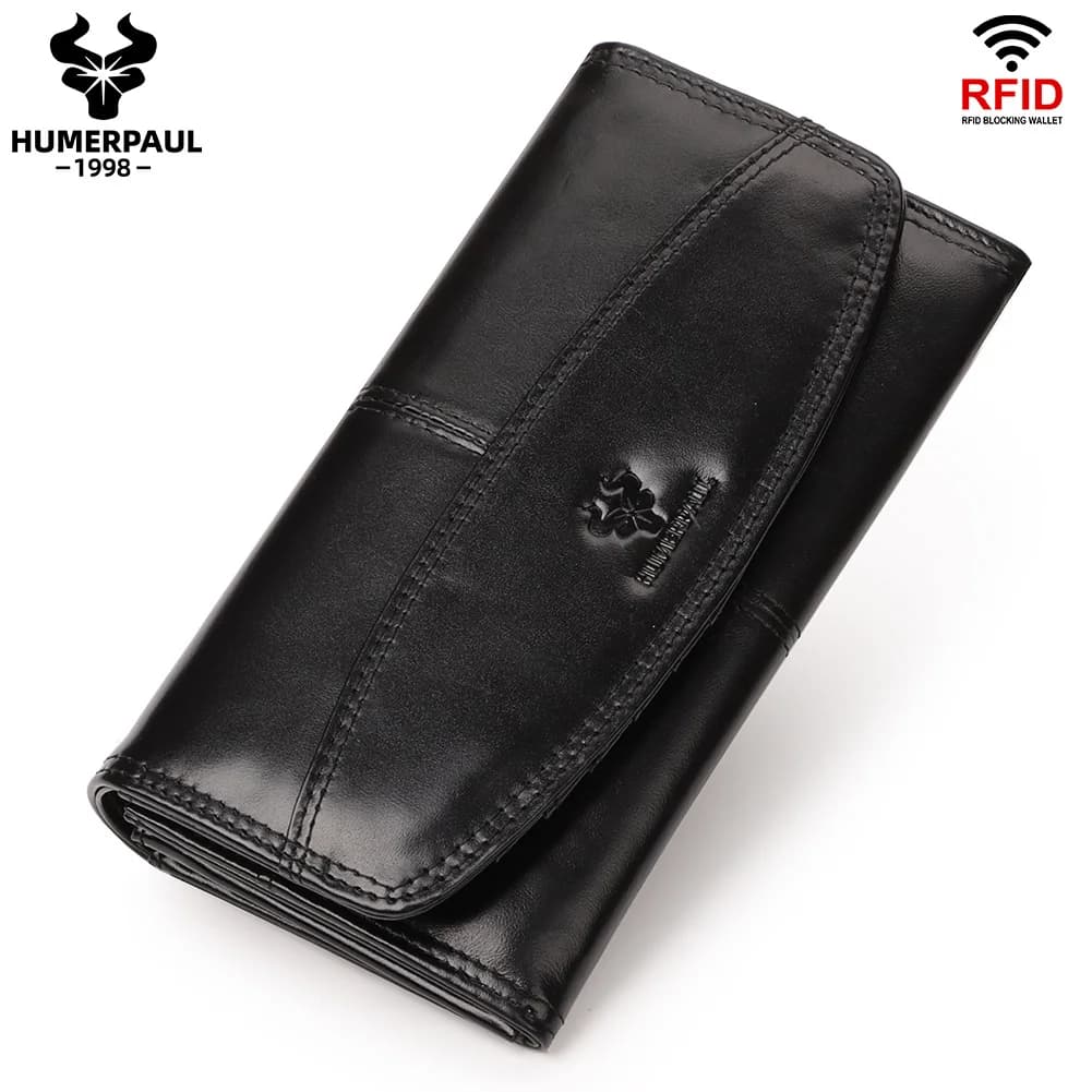Portafogli lunghi in vera pelle HUMERPAUL per donna Borsa porta carte RFID di design di lusso con tasca per telefono Borsa pochette moda