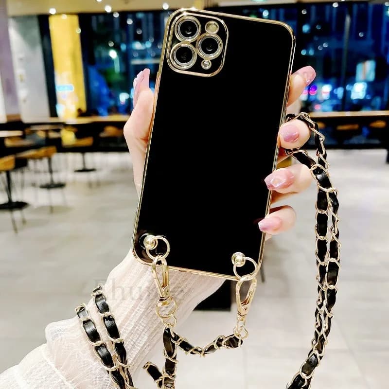 Luxury PU Leather Chain Crossbody Lanyard Case For iPhone 17 16 15 14 13 12 11 Pro Max Mini Plus Air Plating TPU Strap Cover