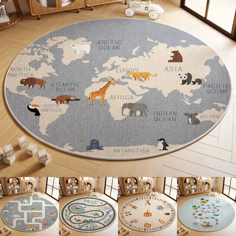 Tappeto rotondo con stampa di mappe del mondo di grandi dimensioni Tappeto circolare antiscivolo resistente all'usura per soggiorno camera da letto Tappetino morbido Decorazioni per la casa