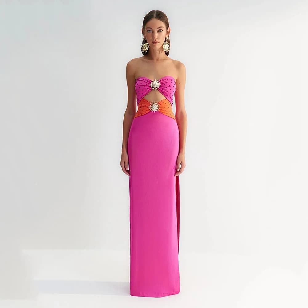 Colore rosa nero donna Sexy senza spalline con spalle scoperte vestito lungo dalla fasciatura con strass brillanti festeggia l'abbigliamento da discoteca