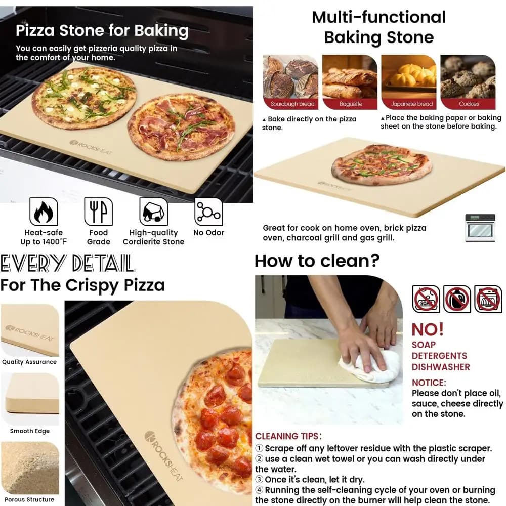 Pietra per pizza rettangolare grande per forno, grill e barbecue - 23,6 x 15,8 x 0,6 cm, in cordierite resistente.