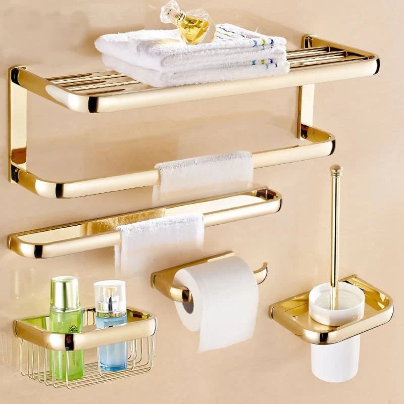 Set di accessori per il bagno in oro di lusso Portasciugamani Porta carta igienica Porta asciugamani Gancio Porta scopino Set di accessori per il bagno