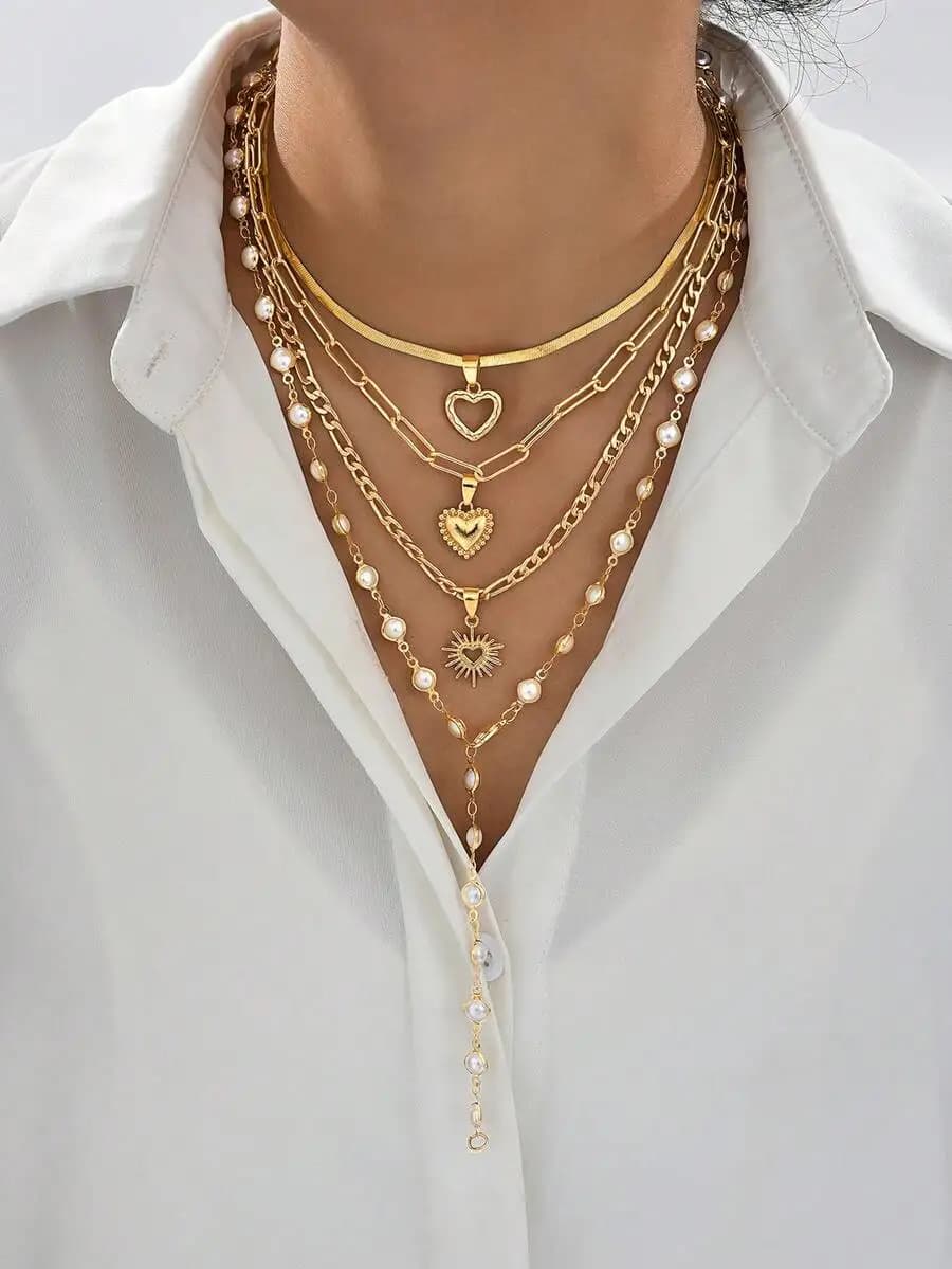 4pcs Fashionable & Elegant Gold Heart-Shaped Faux Pearl Layered Y-Necklace, Perfect Gift For Women On Vacation, Date, Party, Bir