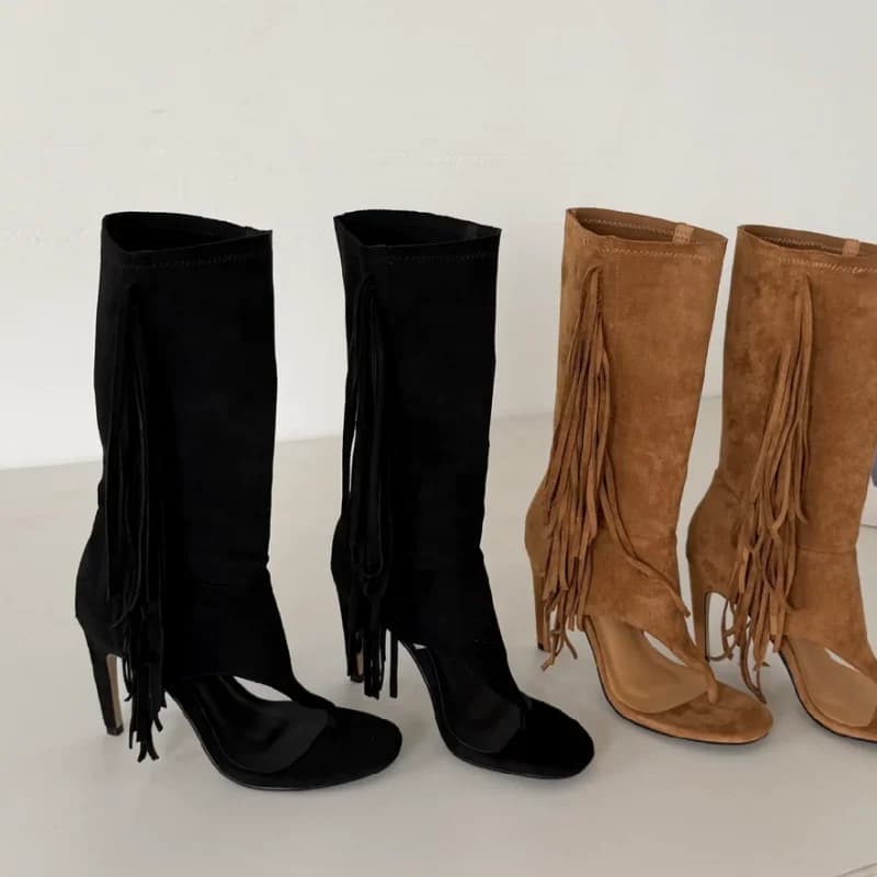 Tassel Shoes for Womens Square Toes High Heels Flip-flops Pleated Female Sandals Boots Back Zippers Chassure Femme Solid Zapatos