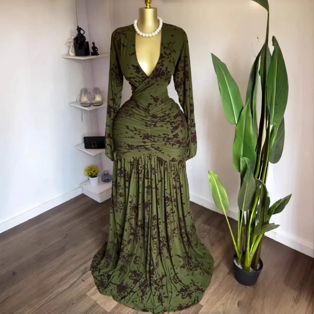 Chic Maxi Big Swing Sheath Pleated Maxi Dress Women Vestidos Print Pendulum Dress High Elastic Sweet Long-sleeved Long Dress Y2K