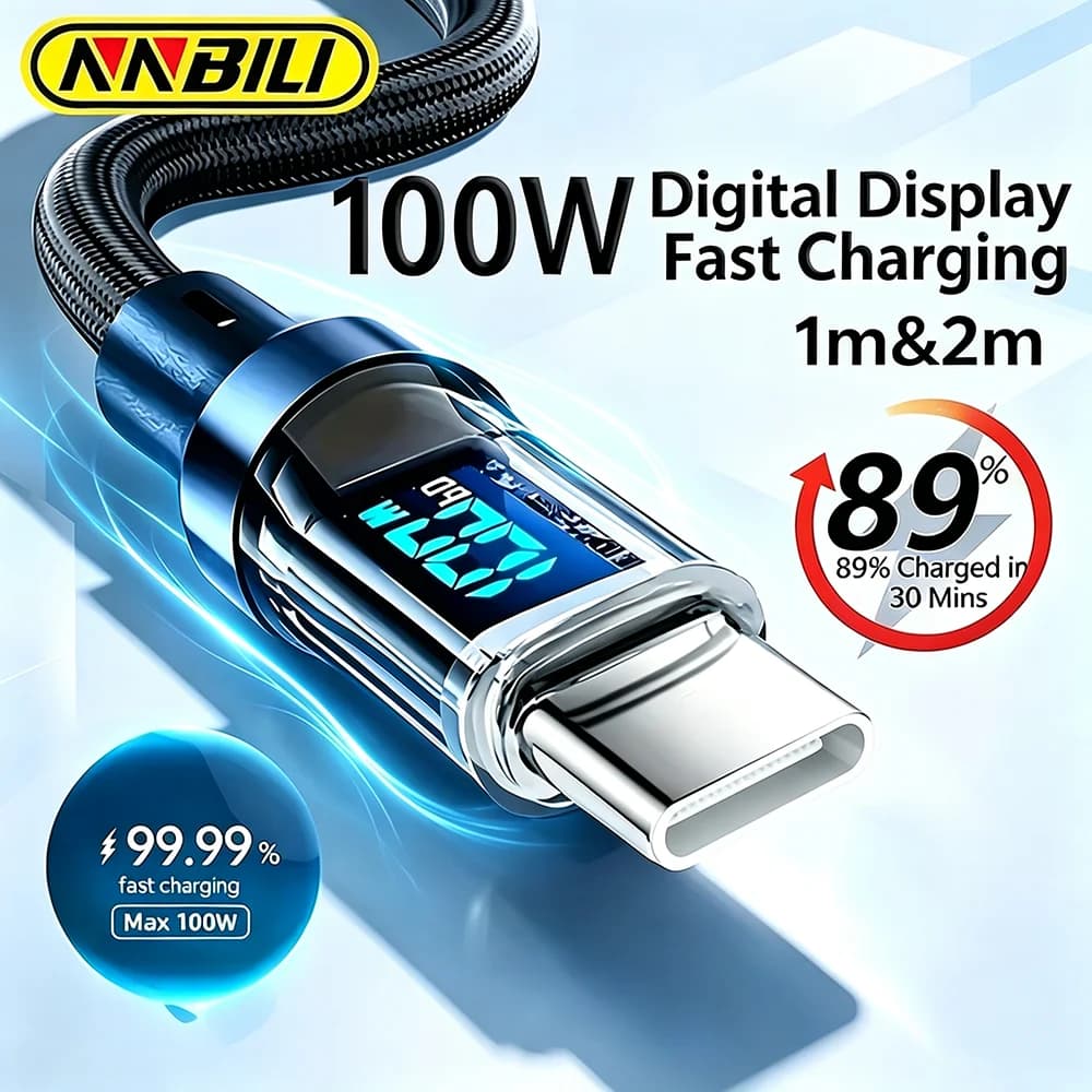 USB-C HOMEFISH 60W super fast charging cable with digital display, anti-breaking braided cable, compatible with Type-C devices