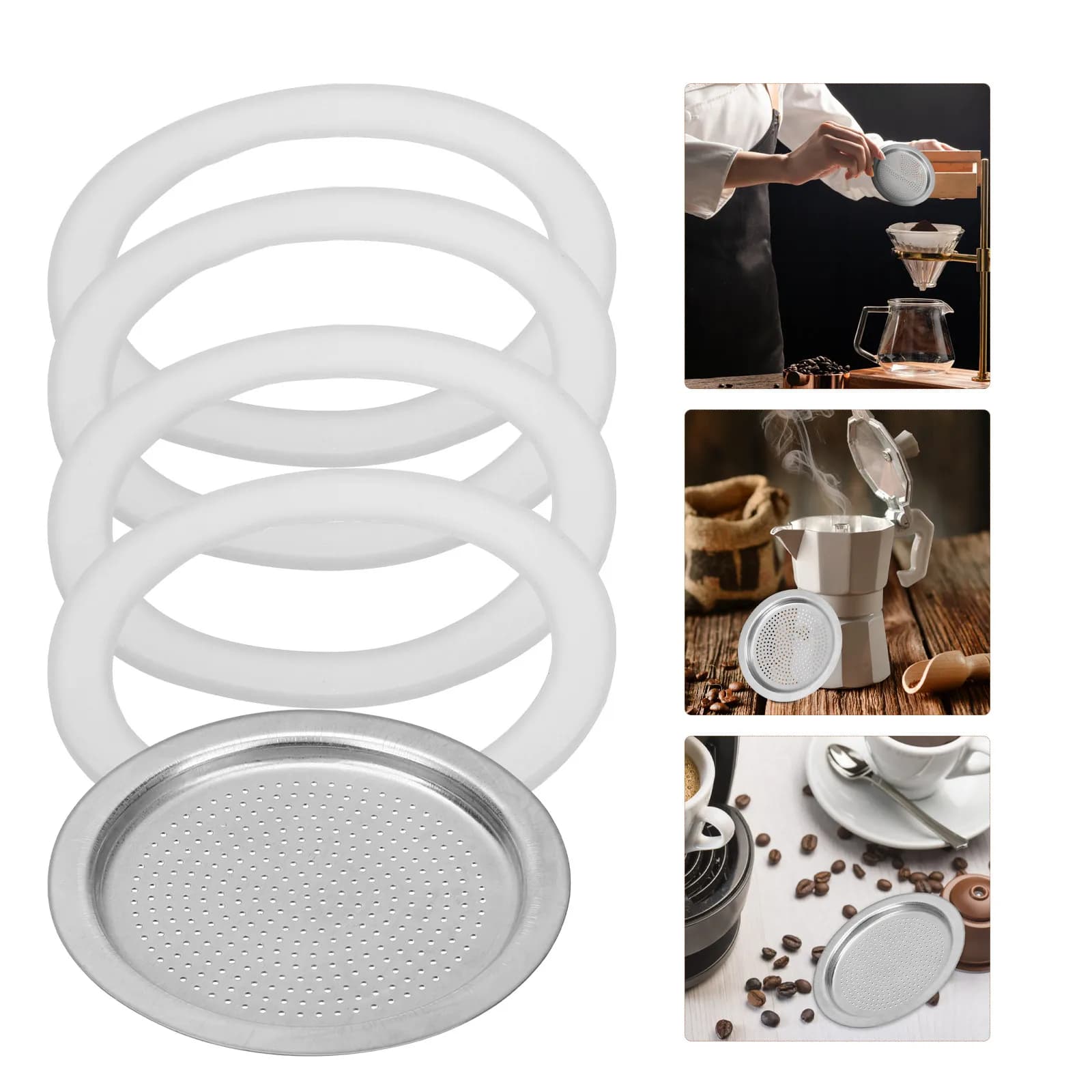 1Set Premium Coffee Pot Sealing Silicone Gasket Stainless Steel Filter Compatible with 6 Cup Espresso Maker Parts