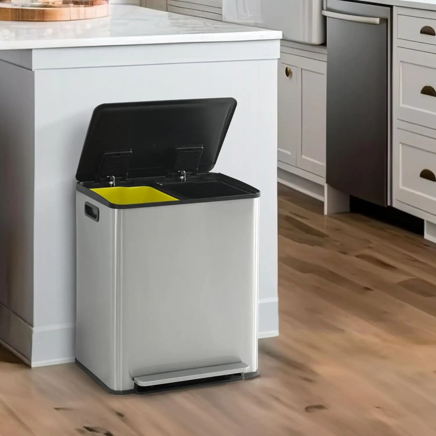 ^Dual Trash Can with Lid, Trash and Recycling Bins Combo for Kitchen, Hands-Free Stainless-Steel Garbage Can with 2
