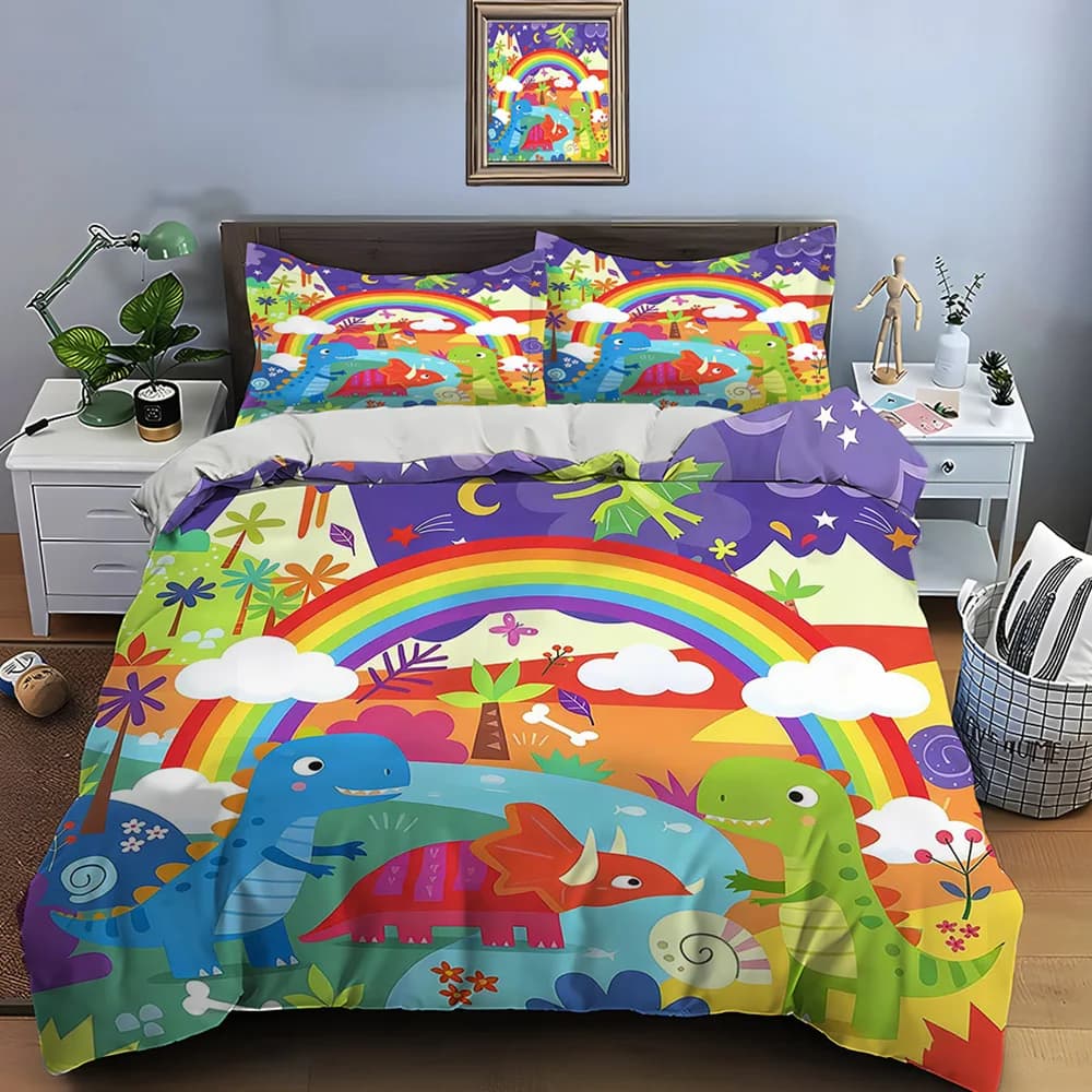 Set copripiumino con motivo dinosauro dei cartoni animati e motivo arcobaleno, stampa digitale, biancheria da letto colorata in poliestere con chiusura a cerniera