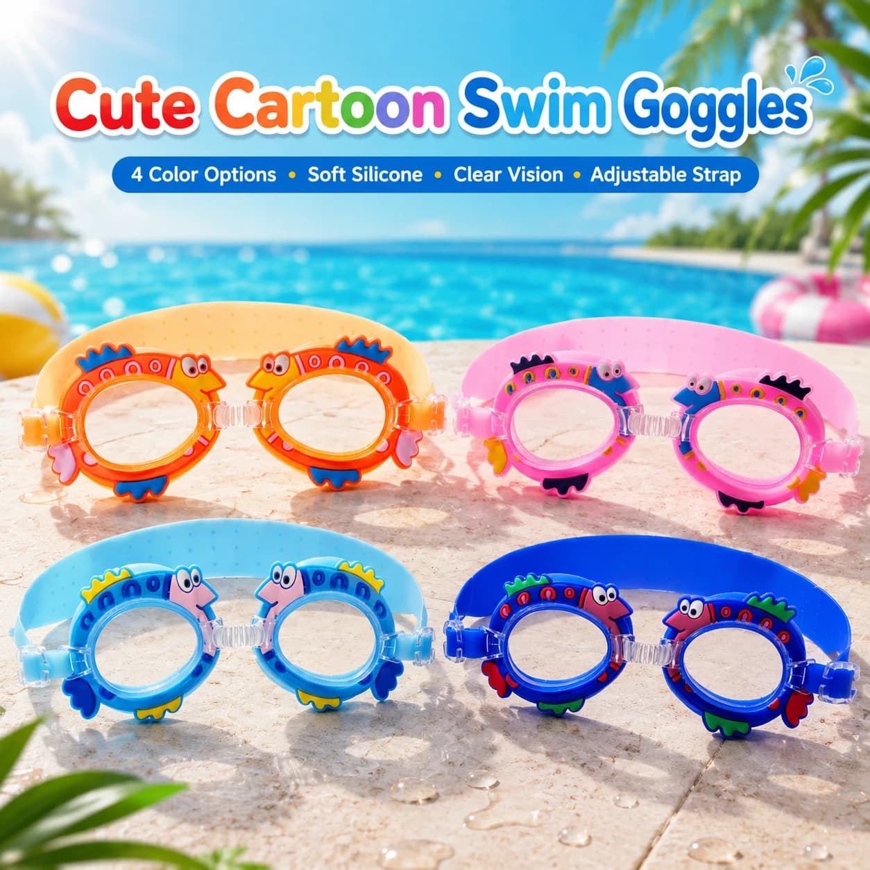 1pc Cartoon Fish Swim Goggles Clear Lens Waterproof Swimming Glasses Soft Silicone Adjustable Strap Summer Pool Goggles