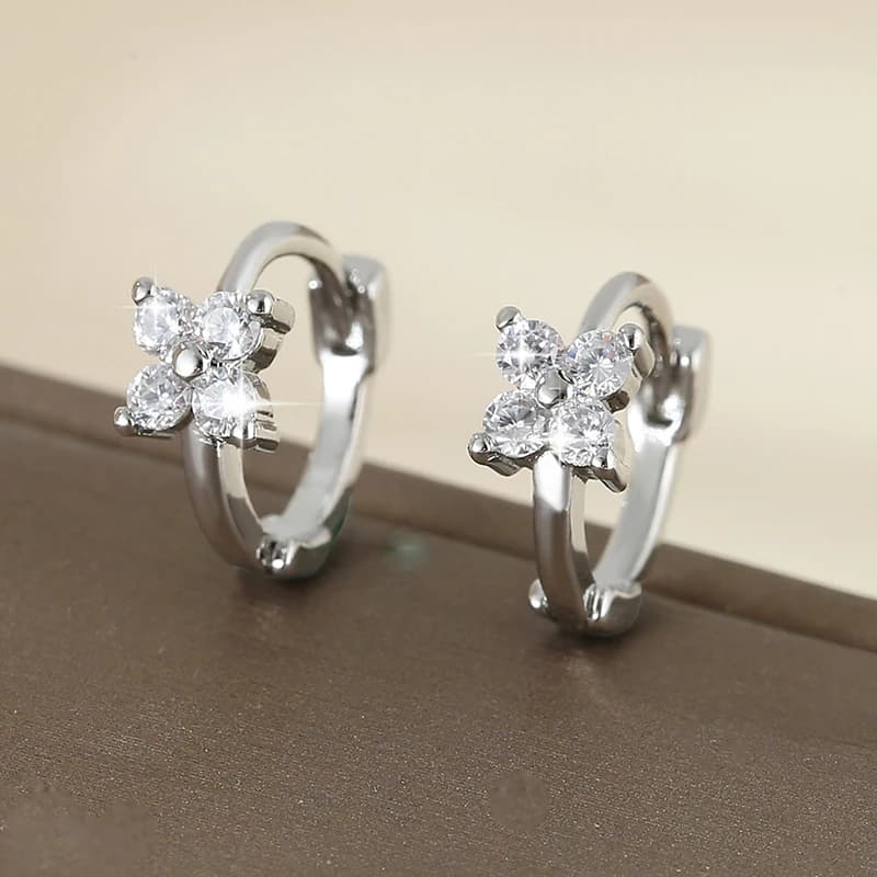 2026 New Dainty Lucky Leaf Huggie Earring for Women Silver Color Trendy Gold Color Hoop Earrings Cute White CZ Flowers