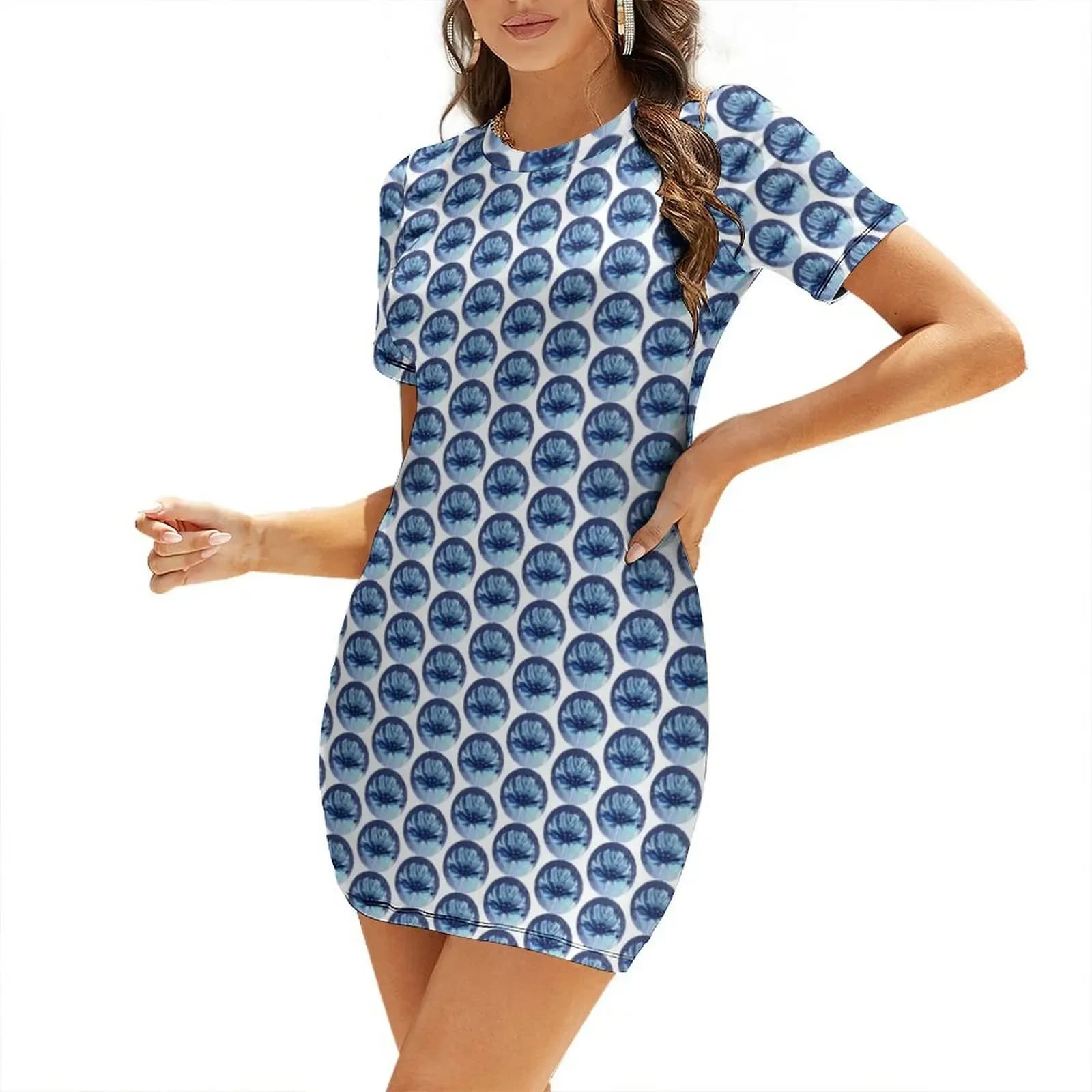 Blue Palm Leaf Short-Sleeved Dress evening dress women luxury evening dresses 2026