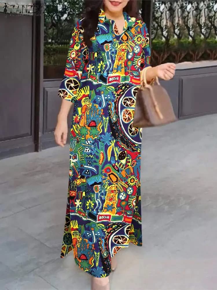 ZANZEA Casual Turn-down Collar Maxi Dress Side Slit Vintage Printed 3/4 Sleeve Women Vestidos Daily Commute Autumn Shirtdress