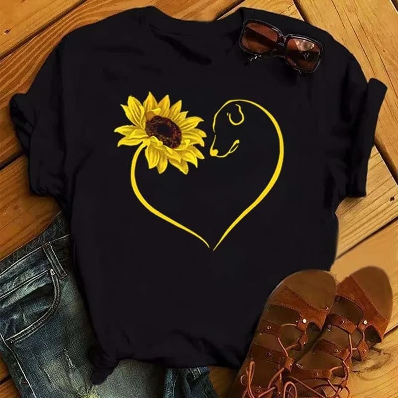 Maycaur New Kawaii Women Sunflower Butterfly Print Black T-Shirts Casual Short Sleeve Tops Cartoon Graphic Clothes Female Tees