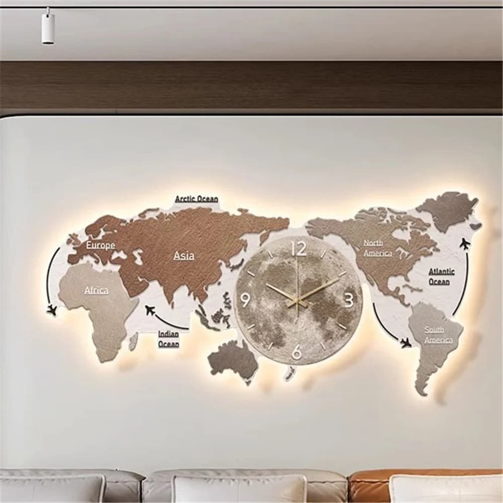Minimalismo nordico Mappa del mondo Orologio Lampada da parete a LED Soggiorno Murale Divano Sfondo Appeso Pittura Studio Ufficio Cafe Luce notturna