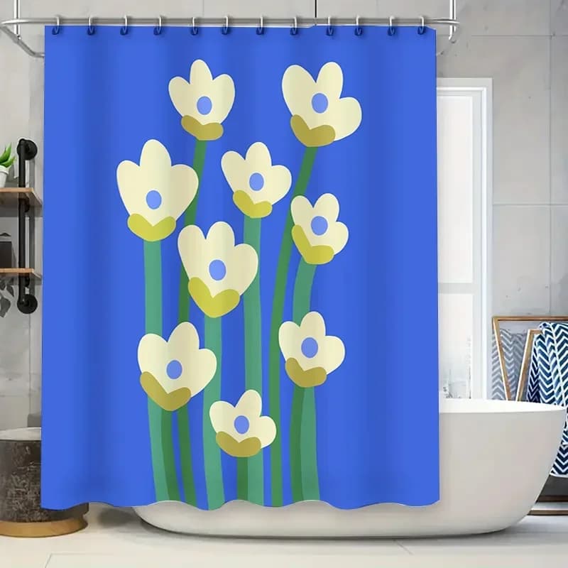 Tenda da doccia floreale blu audace per un bagno moderno, con fiori bianchi con accenti gialli su uno sfondo vibrante.