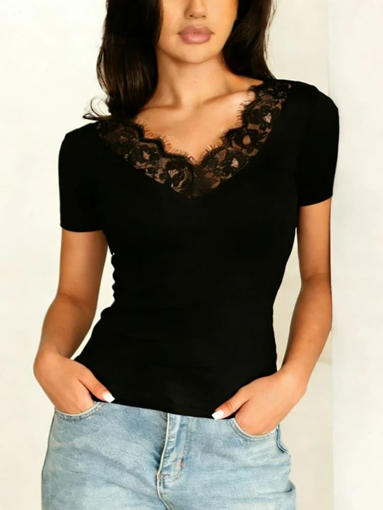 Abbigliamento Donna, T-Shirt Nera con Scollo a V e Inserti in Pizzo, Streetwear Y2K, Maglietta Estiva a Maniche Corte, Slim Fit, Top Sexy Aderente