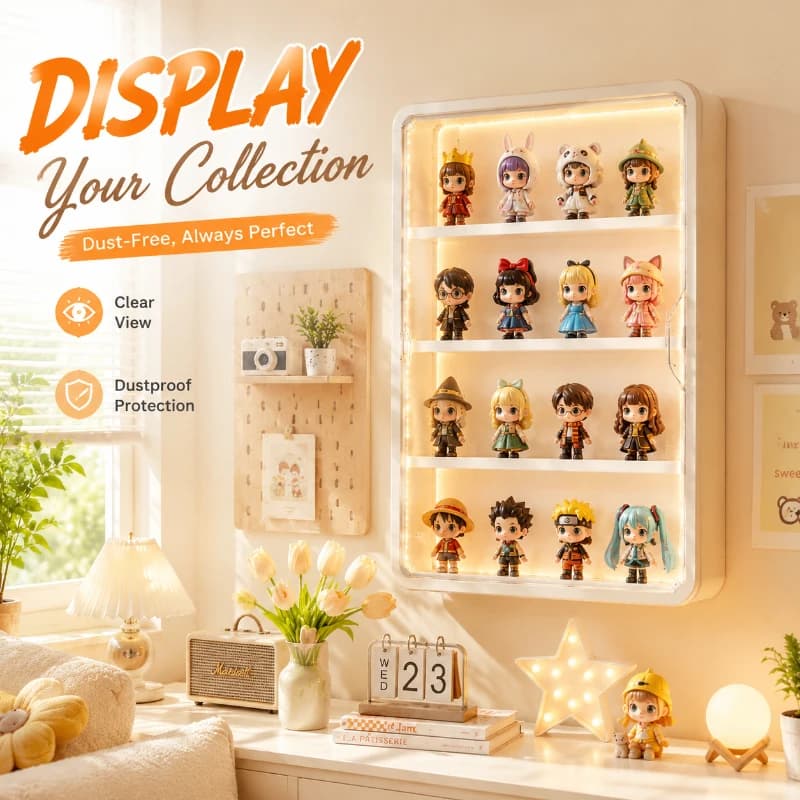 Dustproof White Wall Storage Cabinet 4 Layers, Multi-spec Grid Layout for Storing Small Statues and Brick Sets