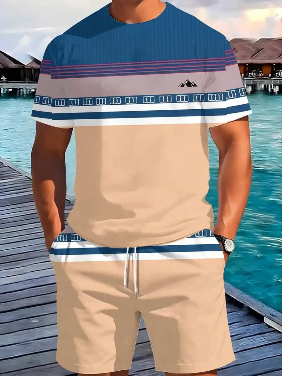 Men's Short-Sleeved Shorts Set Striped Mountain Pattern Design T-Shirts Striped Mountain Shorts Set Two-Piece