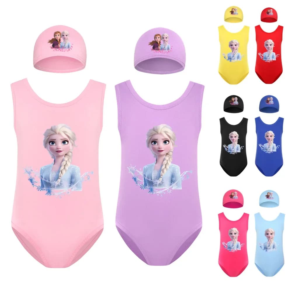Children's full swimsuit with print Frozen Elsa cartoon + swim cap Set children's movement party dress