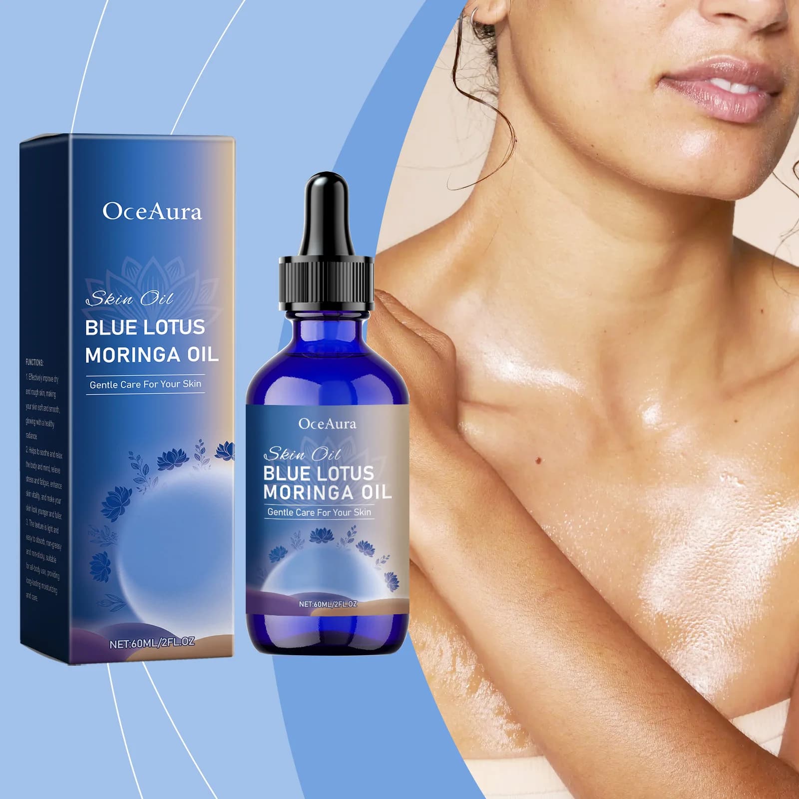 Stress Relief Blue Lotus Massage Oil Deeply Moisturizes, Soothes Muscles & Promotes Relaxation Moringa Oil Body Care Gentle 60ml