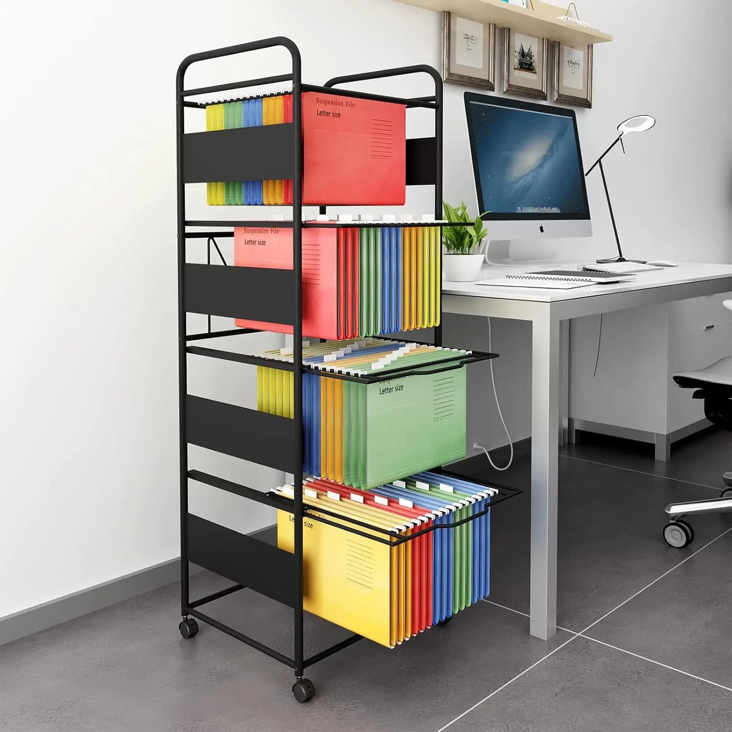 Carrello Portadocumenti a 4 Ripiani con Ruote, Porta Cartelle Sospese per Formato Letter, Cassetto Estraibile, Organizzazione per Casa e Ufficio
