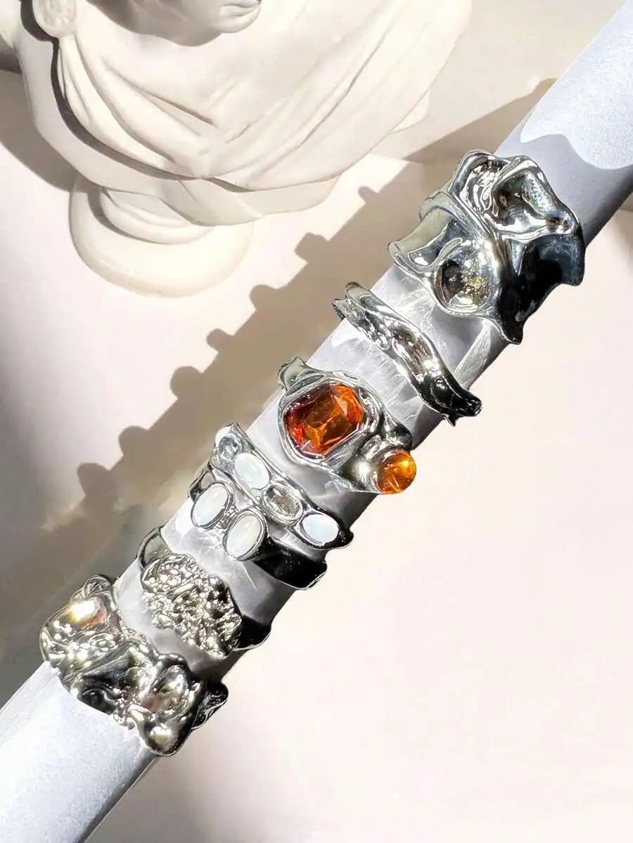 Set di 4 anelli in metallo con perle geometriche vintage alla moda per donna, da indossare ogni giorno, regalo per festival