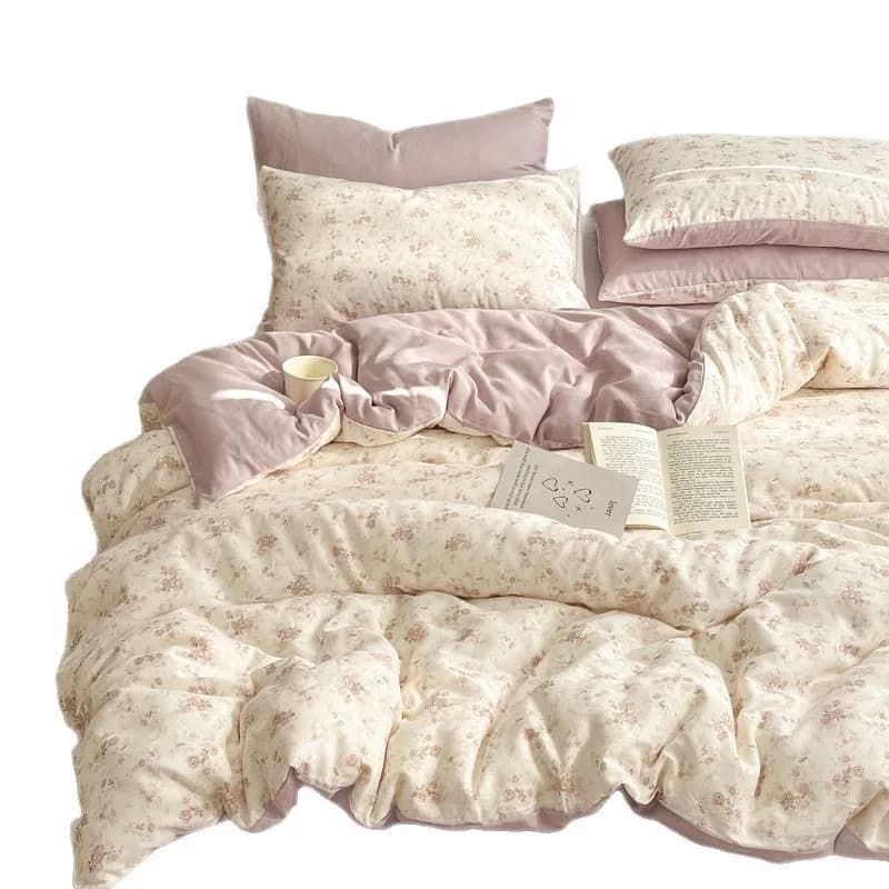 Set of four pieces in double layer cotton yarn, duvet cover in pure cotton, three-piece set for dormitory, bedding