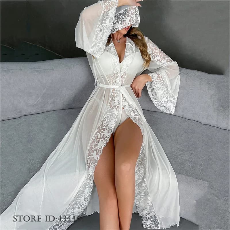 Prospettiva sexy Maglia Sposa Abito da sposa Camicia da notte Patchwork Pizzo Lungo con cappuccio Kimono Accappatoio Abito Abito da casa Elegante indumenti da notte
