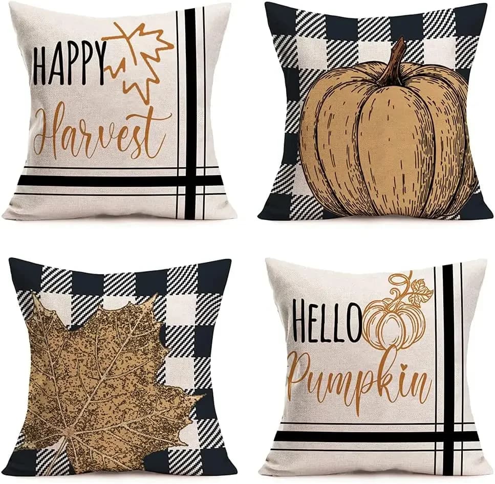 Happy Harvest Hello Pumpkin Pillow Cover Black Plaid Pumpkin Maple Leaf Home Sofa pillowcase
