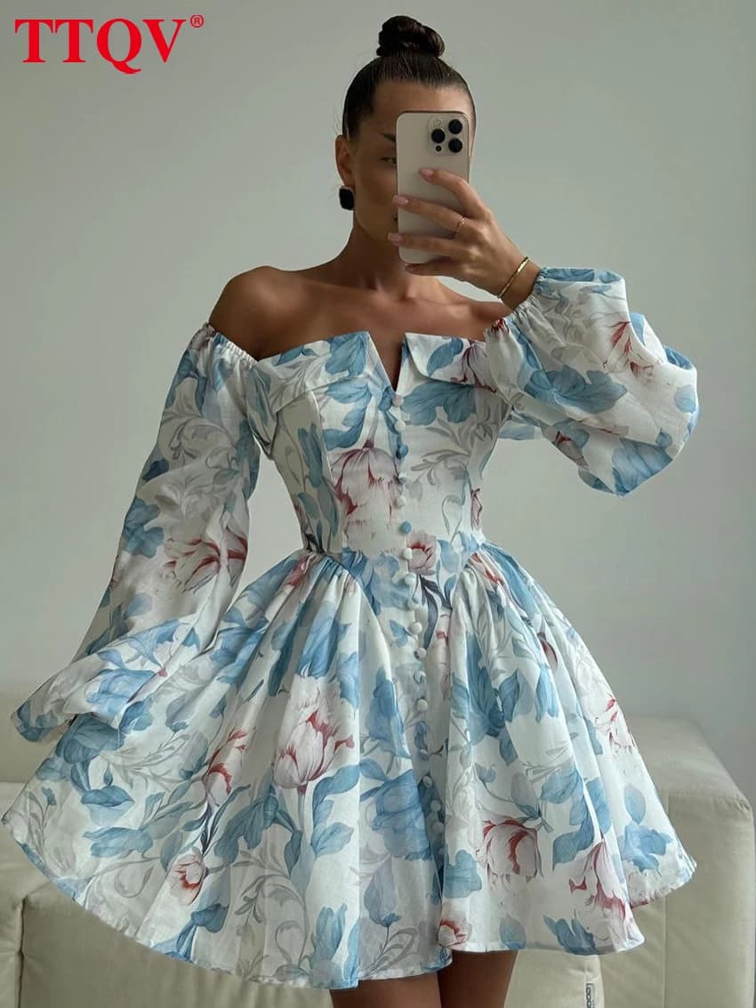 TTQV Abito da Donna alla Moda con Stampa, Vestito Mini Sexy con Scollo a Barca e Maniche Lunghe, Elegante e Classico con Pieghe, Collezione 2026