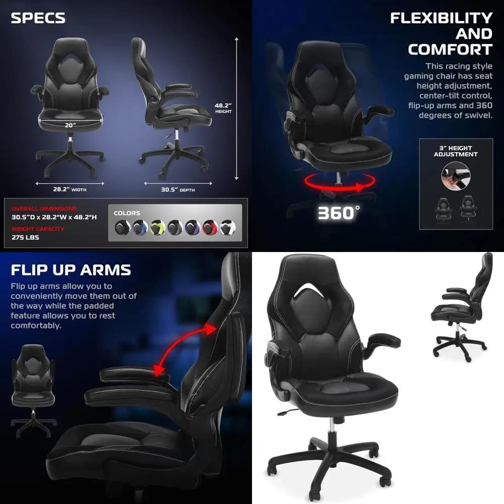 Sedia da ufficio ergonomica con schienale alto, supporto lombare, braccioli regolabili, sedile da gaming in stile racing in pelle per adulti - Nero