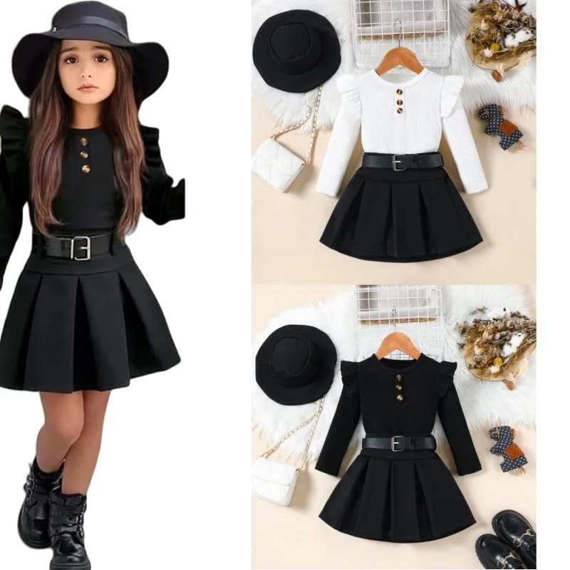 2025 Abiti autunnali e invernali per bambini Set da 3 pezzi Abito + Cintura + Cappello Nuovi vestiti per neonate Abbigliamento per bambini per 2-8 anni