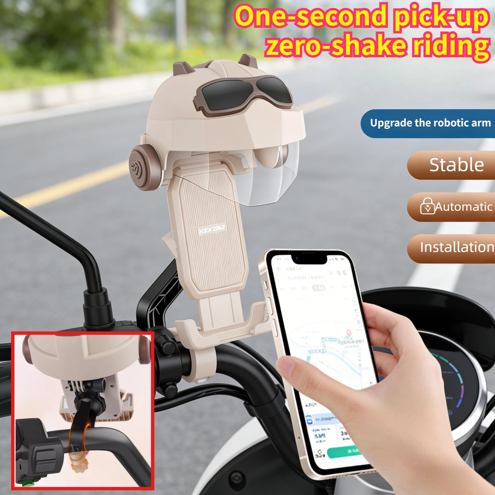 Nuovo Supporto Antiurto per Telefono da Moto 2025, Porta Cellulare Anti-Vibrazione per Bicicletta con Parasole a Casco Piccolo, Staffa Universale per Manubrio