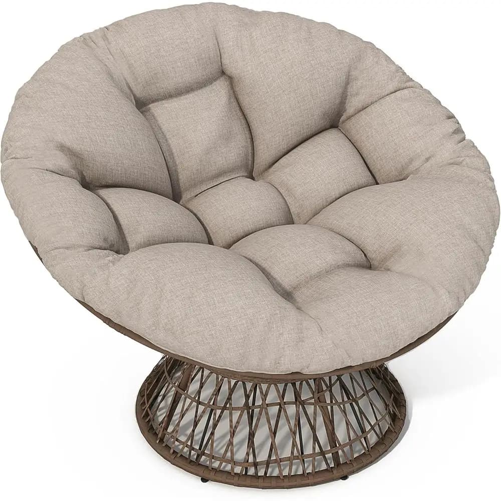 Chair Papasan Ergonomica in Vimini with Ultra Cushion Thickness, 360 ° Swivel, Waterproof Fabric, Metal Base Robusta, Beige/Marrone