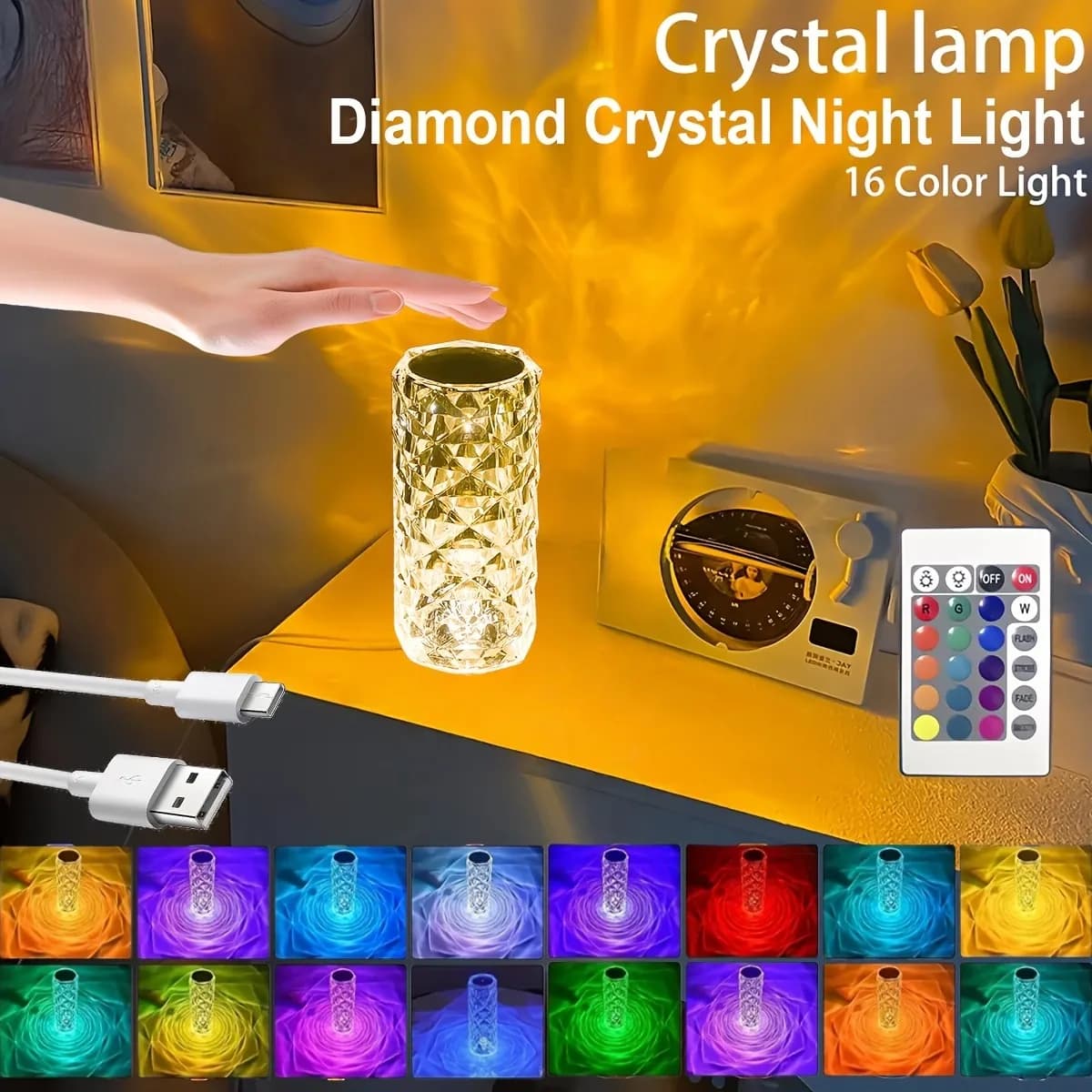 Lampada da Tavolo a Cristallo Ricaricabile RGB a Forma di Rosa, Lampada Touch Creativa per Camera da Letto/Soggiorno/Feste/Cene, Decorazione per la Casa