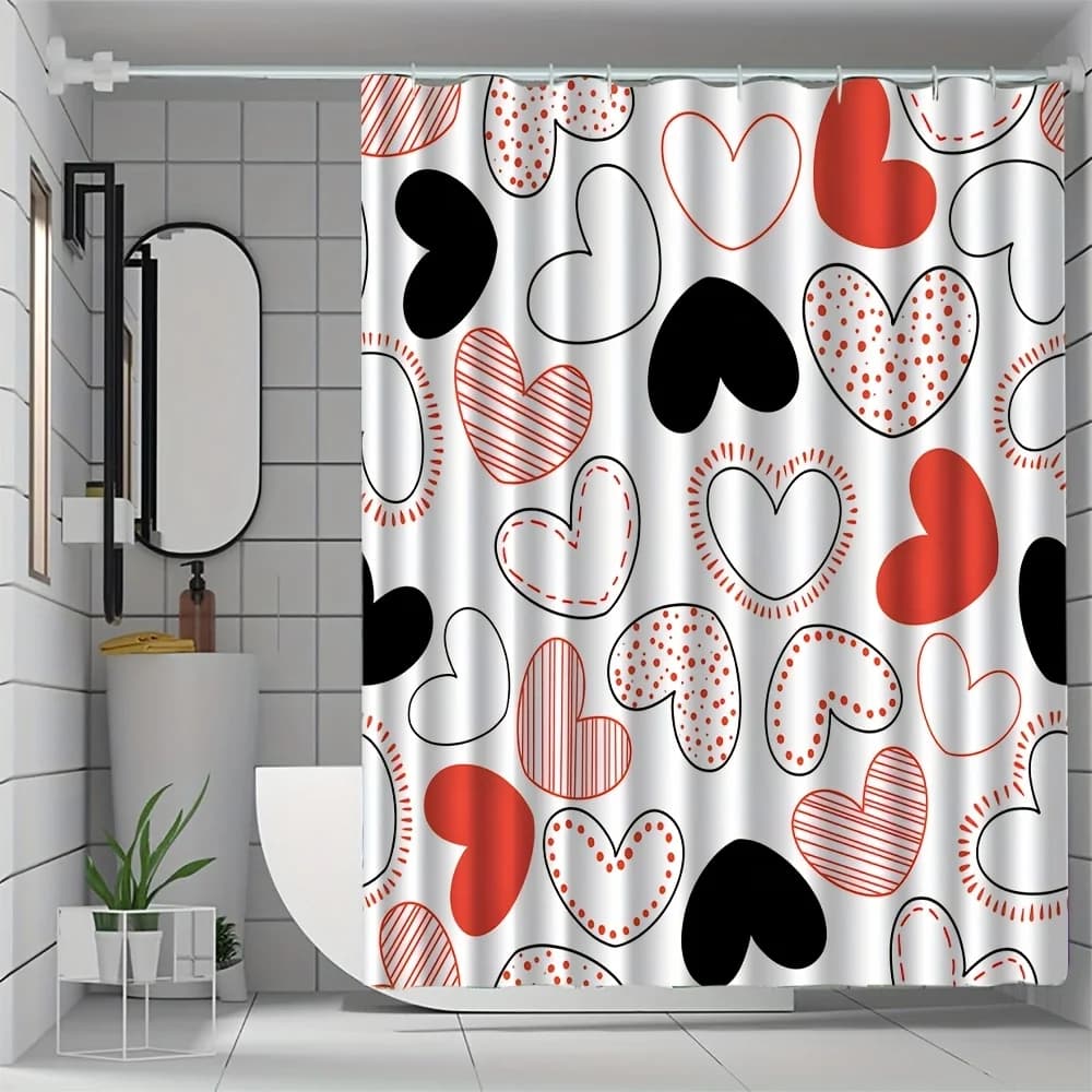 Tenda da doccia rossa e nera con motivo a cuore, tessuto in poliestere, lavabile in lavatrice, con ganci, adatta per la decorazione del bagno.