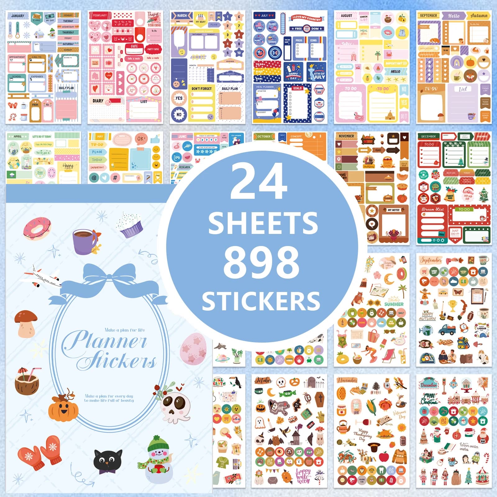 24 fogli per fare piano libro di adesivi per pianificatore in stile cartone animato per diario spazzatura notebook bottiglia d'acqua laptop forniture per scrapbooking