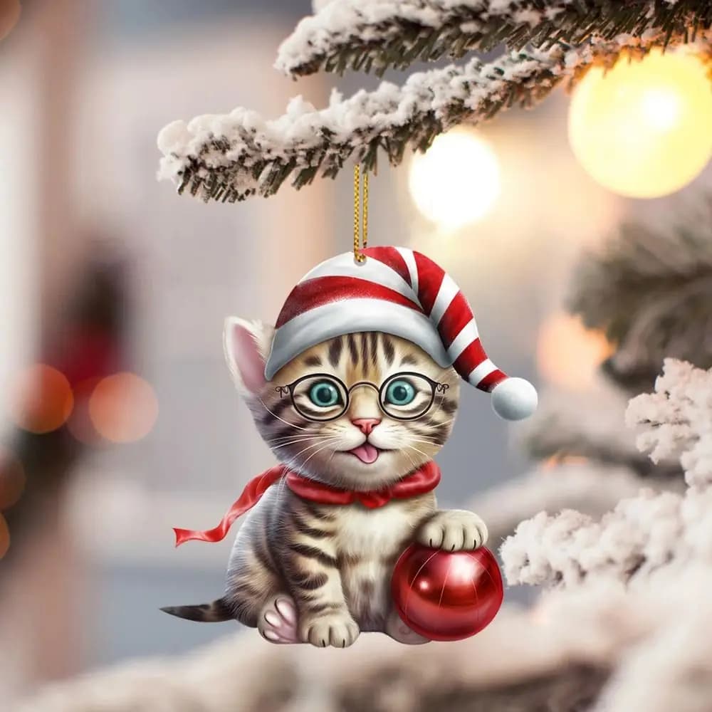 Cute 2D Christmas Cat Pendant Acrylic Decorative Christmas Tree Decorations Cat Car Pendant Flat Cat Xmas Hat Ornament Holiday