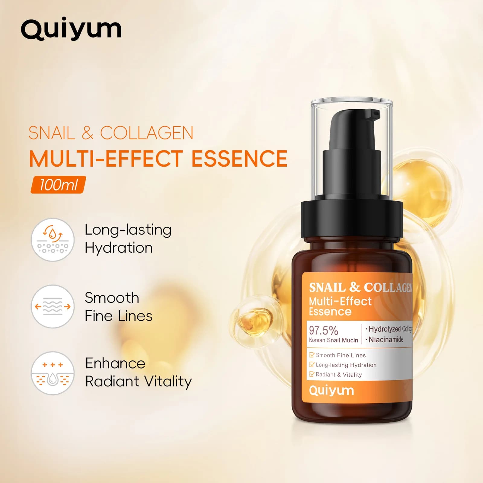 QUIYUM Essenza Viso al Collagene di Lumaca 100ml, Essenza Idratante al Collagene e Niacinamide, Illuminante Leggera ad Assorbimento Rapido