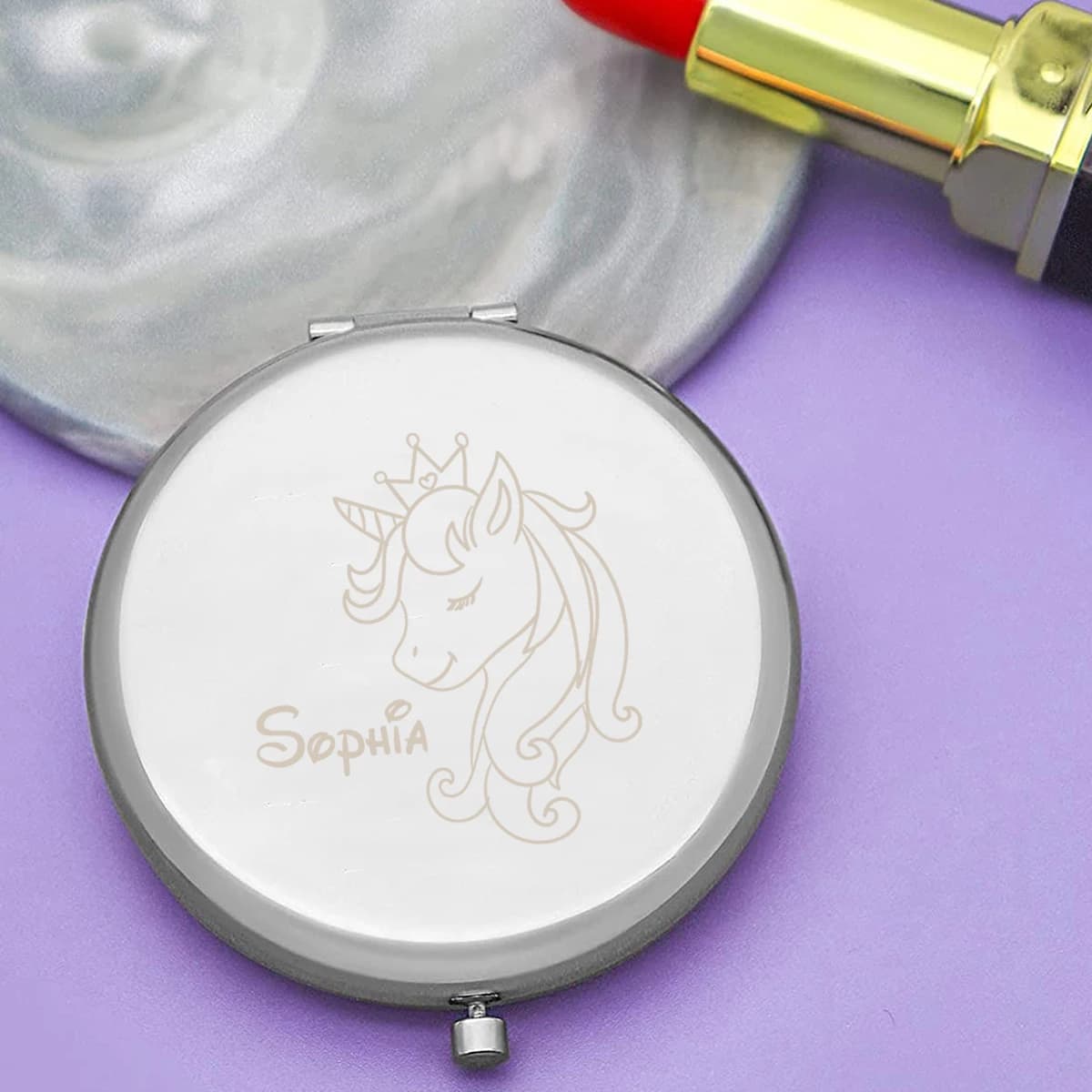 1pc Unicorno romantico Nome personalizzato Specchio pieghevole Specchio circolare rotondo Specchio tascabile Specchio con nome Regalo per feste