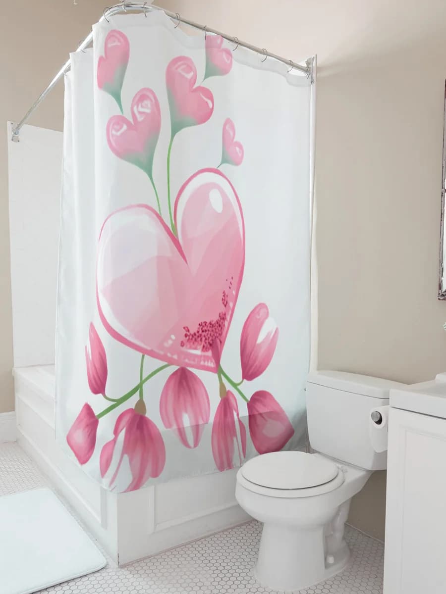 Tenda da doccia con fiori a forma di cuore rosa - Decorazione da bagno romantica