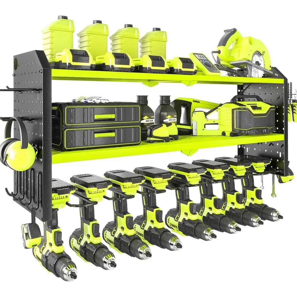 Organizzatore per Utensili Elettrici, Grande Porta-8 Trapani da Parete con 2 Pannelli Forati Laterali, Scaffale Portautensili in Metallo Resistente con 12 Ganci, Organizzazione R