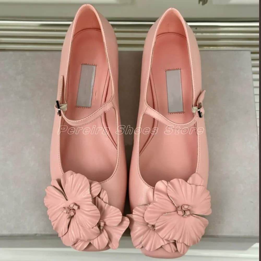 Spring Summer Sweet Flower Pattern Pumps Fashion Round Toe 2024 Gentle Style Buckle Strap Cover Heel Flat Heel