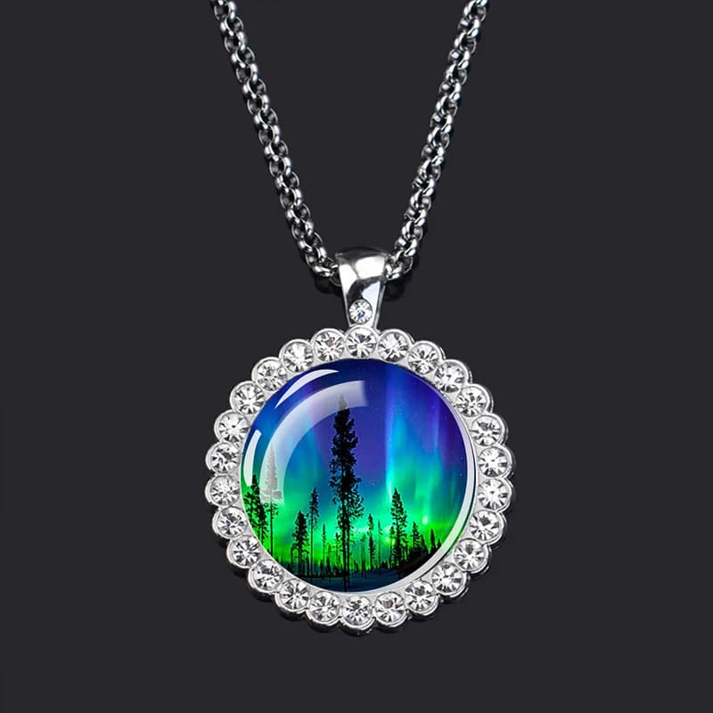 Northern Lights Art Picture Rhinestones Necklace Pendant Silver Color Chain Necklace Universe Jewelry