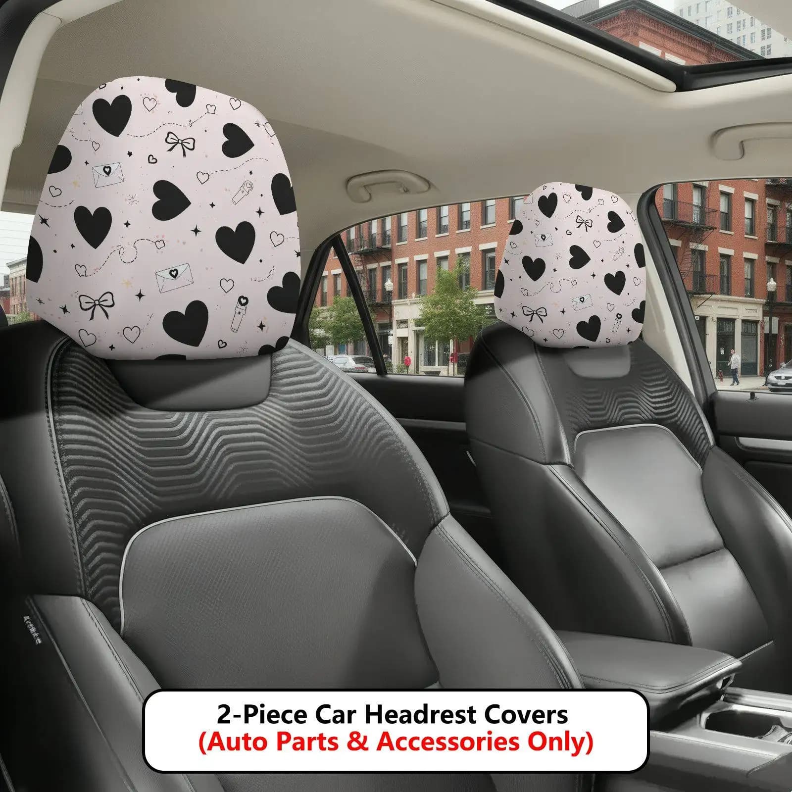 Set of 2 headrest covers for cars with heart designs, bows and stars, which ensure seat protection with a highly elastic design