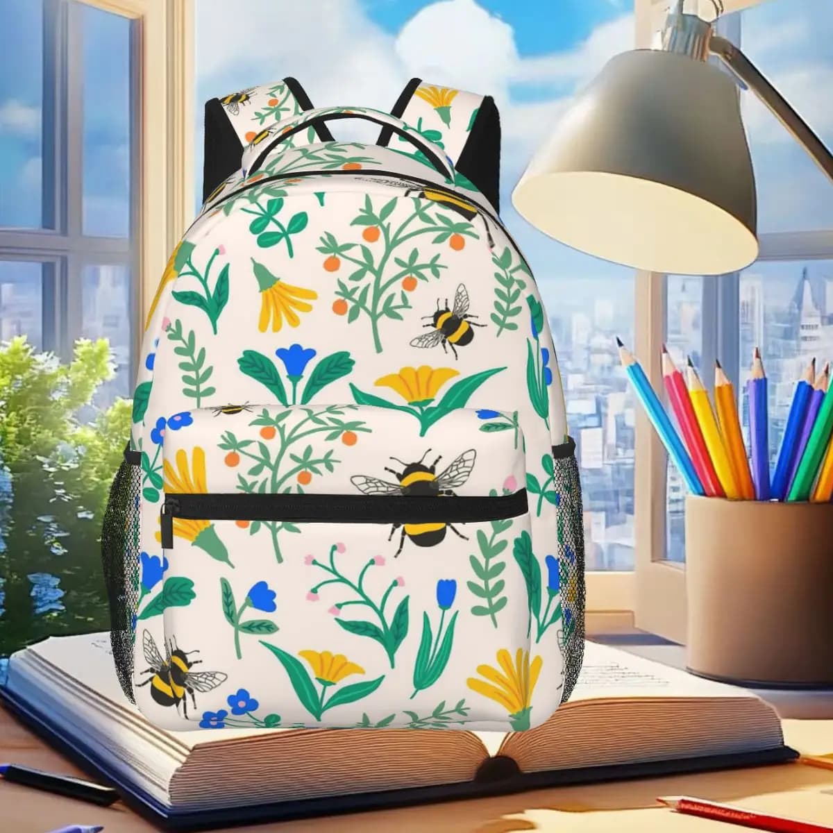 Flowers And Bee Pattern Backpack Student Boys Girls BookBag Kids School Bag Laptop Shoulder Bags for Men Women