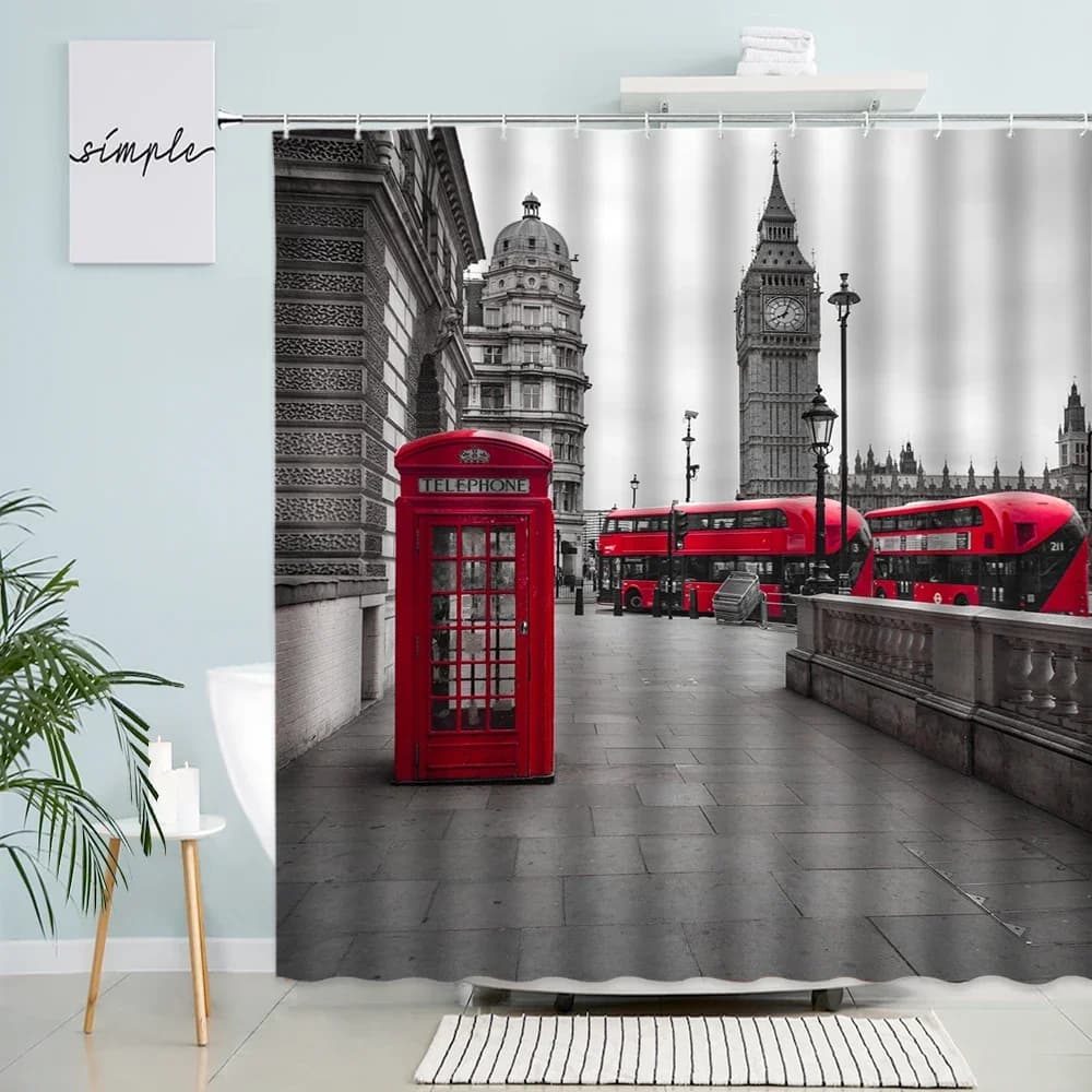 Tenda da doccia per cabina telefonica con autobus rosso Retro London Street Architecture Modello Big Ben Tessuto moderno Decorazioni per il bagno Ganci per tende