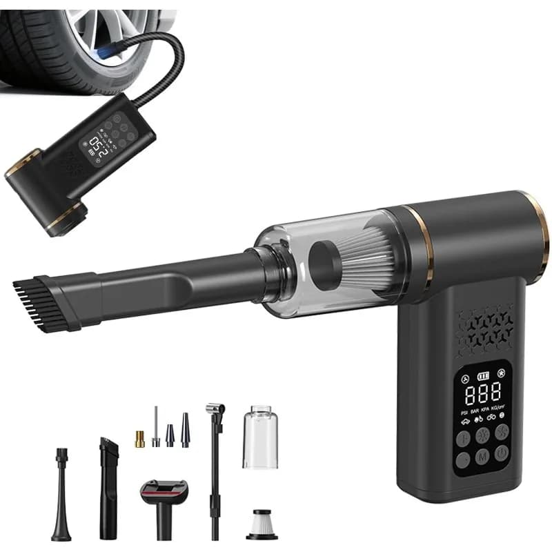 Aspirapolvere per Auto Senza Fili 5-in-1, Gonfiatore Portatile per Pneumatici con Luce LED e Manometro Digitale per Auto, Casa, Peli di Animali e Moto
