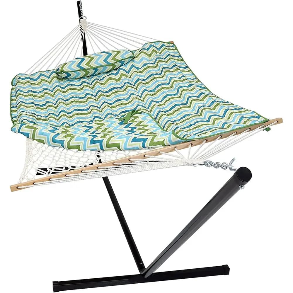 Rope hammock with support - Capacity 125 kg - Includes support for 3.6 meters hammock, space bar, mat and pillow - Blue and green